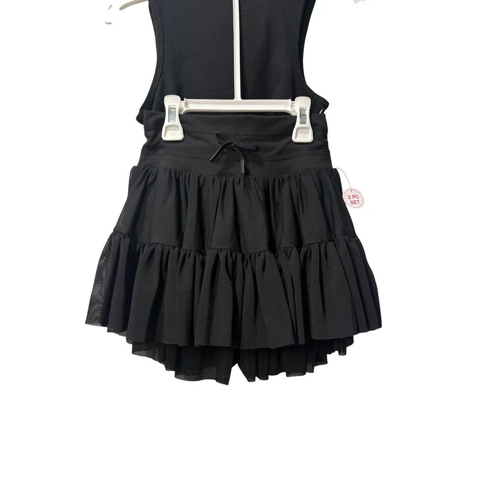 Yogalicious NWT Girls Heavenly Rib Bloom Tank/Mesh Skort 2pc Set Black M/10